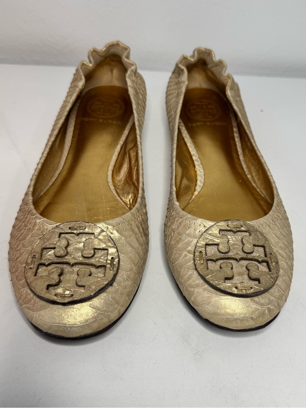 Tory Burch Champagne Metallic Leather Logo Ballet Flats 7.5